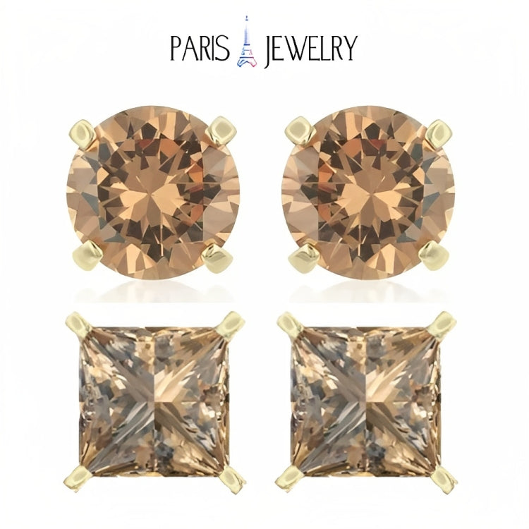 Paris Jewelry 18k Yellow Gold 2 Pair Created Champagne 6mm Round & Princess Cut Stud Earrings Plated