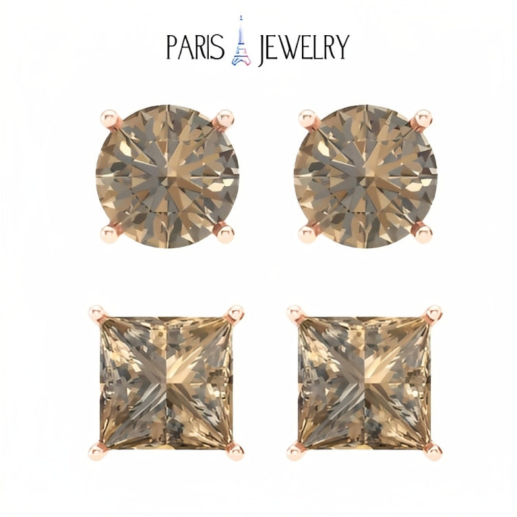 Paris Jewelry 18k Rose Gold 2 Pair Created Champagne 4mm, 6mm Round & Princess Cut Stud Earrings Plated