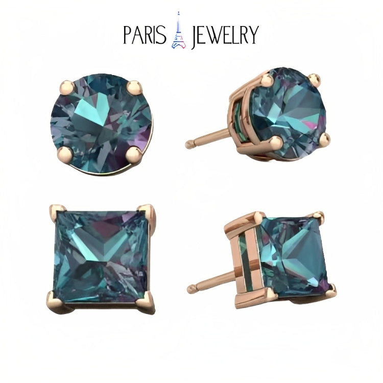 Paris Jewelry 18k Rose Gold 2 Pair Created Alexandrite 4mm, 6mm Round & Princess Cut Stud Earrings Plated
