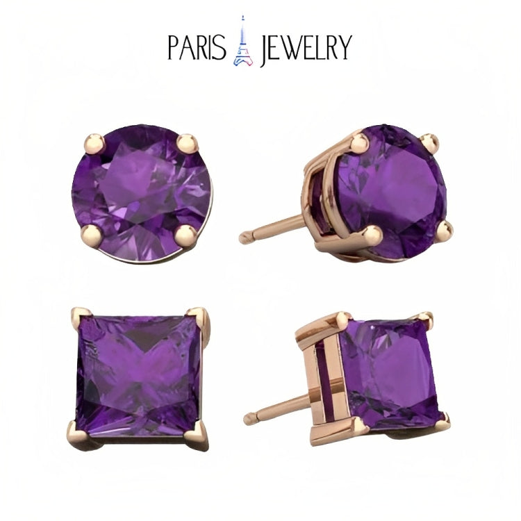 Paris Jewelry 18k Rose Gold 2 Pair Created Amethyst 4mm, 6mm Round & Princess Cut Stud Earrings Plated