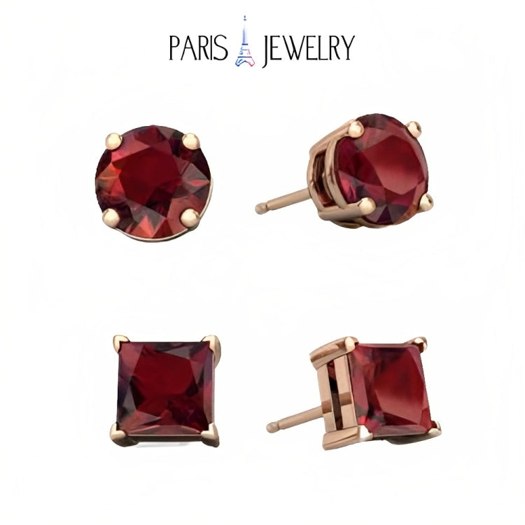 Paris Jewelry 18k Rose Gold 2 Pair Created Garnet 4mm, 6mm Round & Princess Cut Stud Earrings Plated