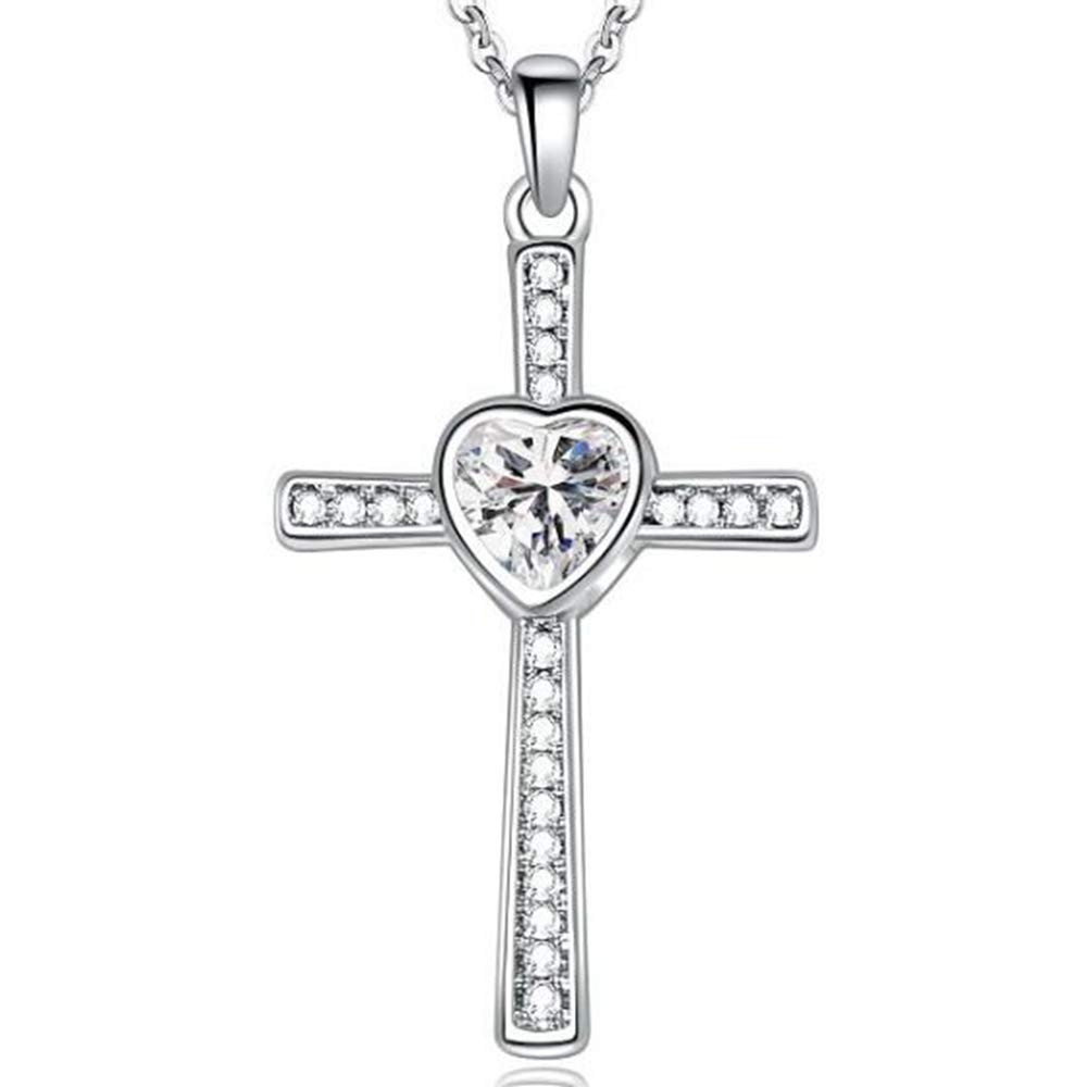 Paris Jewelry 18K White Gold 4Ct Love Heart & Cross Necklace For Women Plated