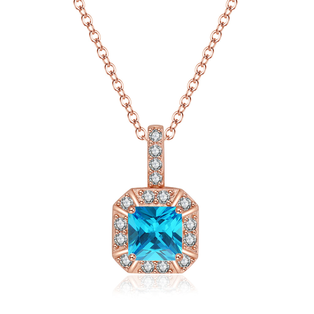 Paris Jewelry 18K Rose Gold 1ct Halo Blue Topaz Square 18 Inch Necklace Plated