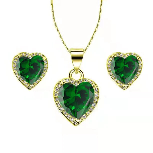 Paris Jewelry 18k Yellow Gold Plated Heart 4 Carat Created Emerald Full Set Necklace, Earrings 18 Inch