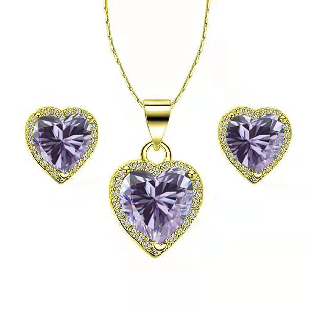 Paris Jewelry 18k Yellow Gold Plated Heart 4 Carat Created Tanzanite Full Set Necklace, Earrings 18 Inch