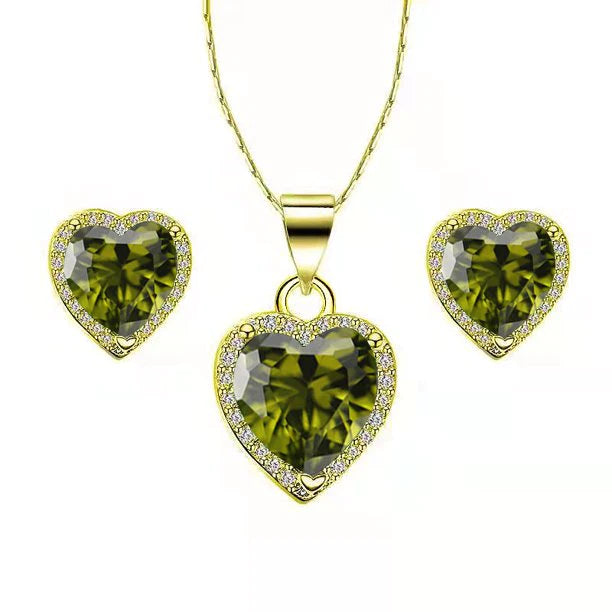 Paris Jewelry 18k Yellow Gold Plated Heart 4 Carat Created Peridot Full Set Necklace, Earrings 18 Inch