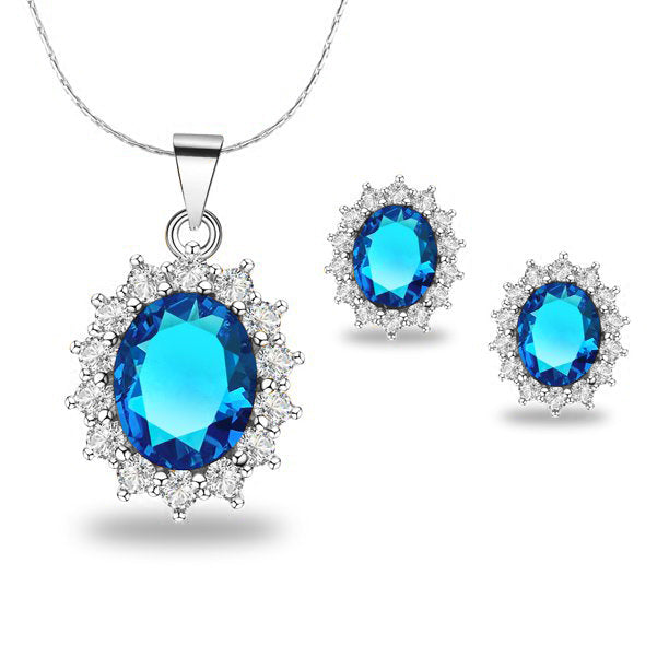 18K White Gold Created Blue Topaz CZ Round 2 Carat Oval Necklace Plated 18 inch