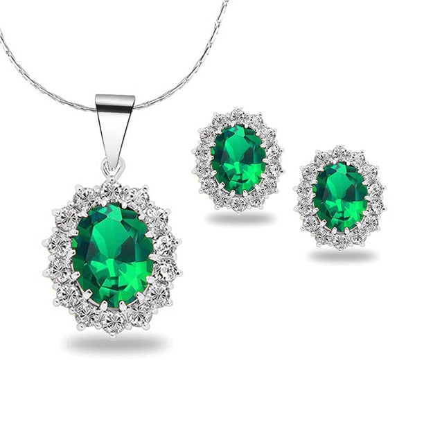 18K White Gold Created Emerald CZ Round 2 Carat Oval Necklace Plated 18 inch