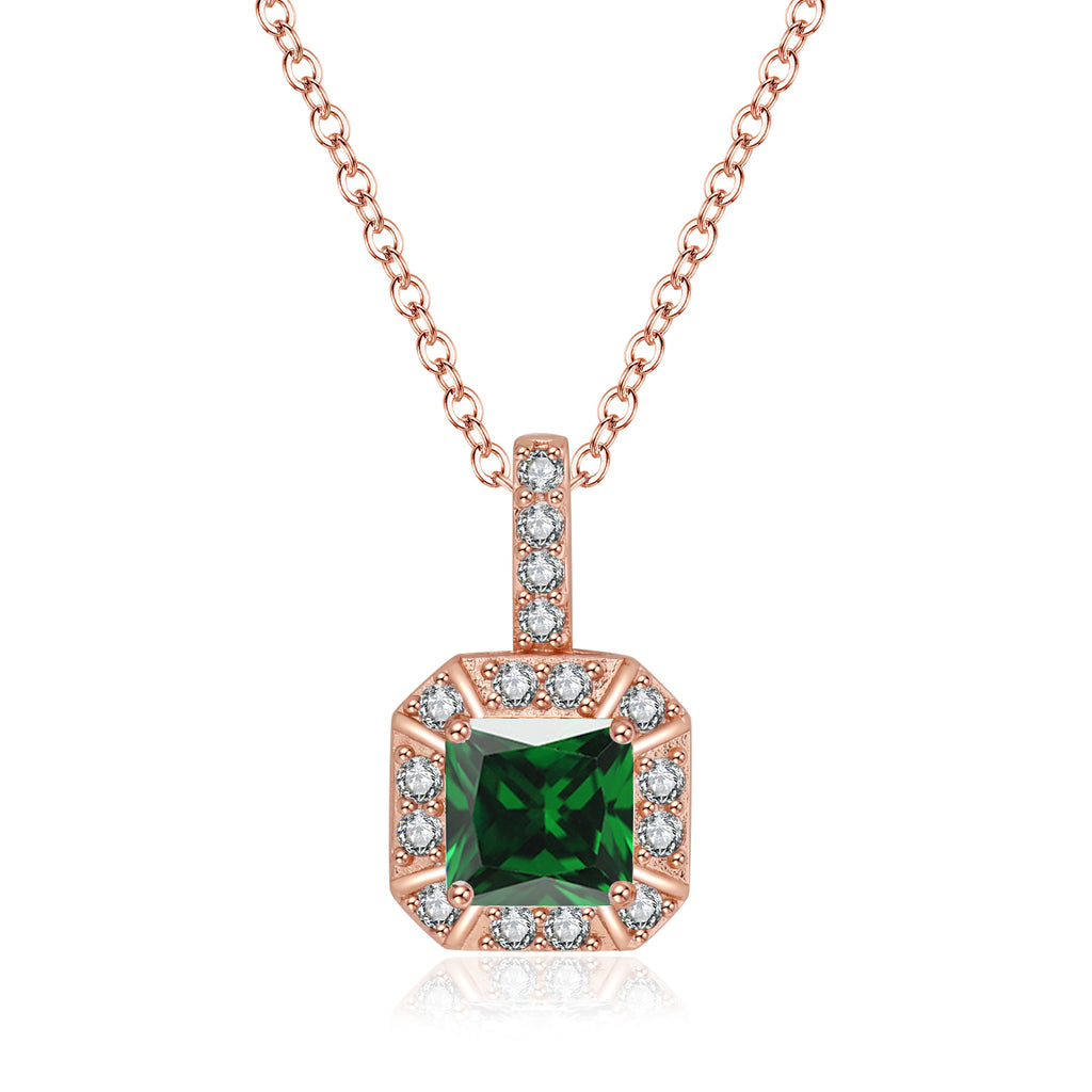 Paris Jewelry 18K Rose Gold 1ct Halo Emerald Square 18 Inch Necklace Plated