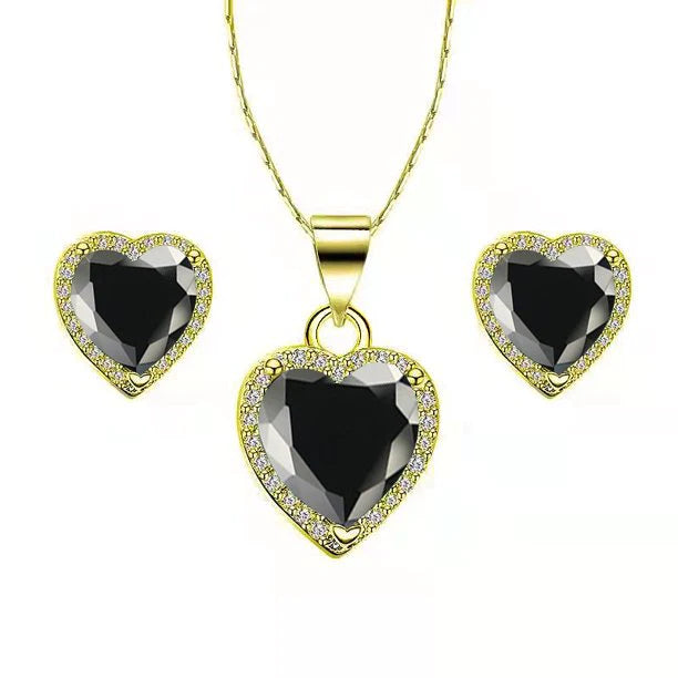 Paris Jewelry 18k Yellow Gold Plated Heart 4 Carat Created Black Sapphire Full Set Necklace, Earrings 18 Inch