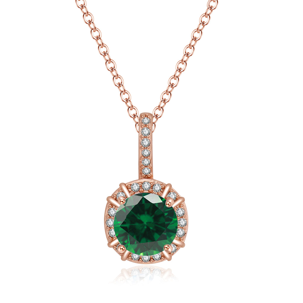 Paris Jewelry 18K Rose Gold 1ct Halo Emerald Round 18 Inch Necklace Plated