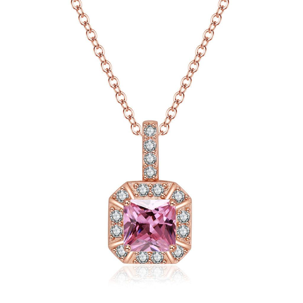 Paris Jewelry 18K Rose Gold 1ct Halo Pink Sapphire Square 18 Inch Necklace Plated