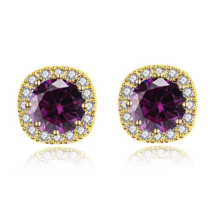 18k Yellow Gold Plated 1/4 Carat Created Halo Round Amethyst Stud Earrings 4mm