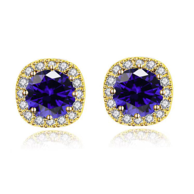 18k Yellow Gold Plated 1/4 Carat Created Halo Round Blue Sapphire Stud Earrings 4mm
