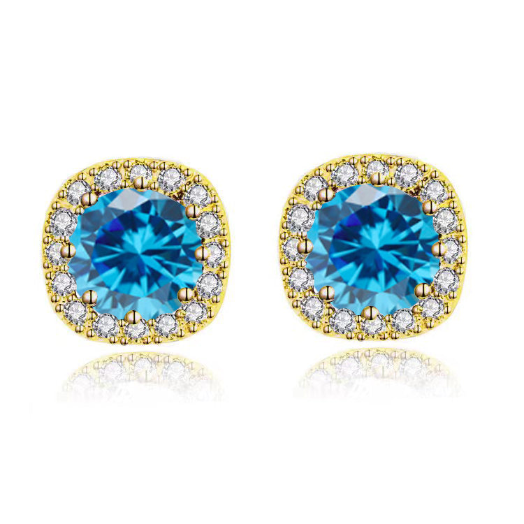 18k Yellow Gold Plated 1/4 Carat Created Halo Round Blue Topaz Stud Earrings 4mm