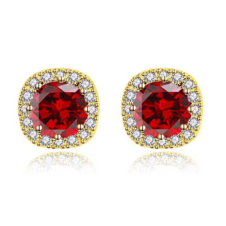 18k Yellow Gold Plated 1/4 Carat Created Halo Round Garnet Stud Earrings 4mm