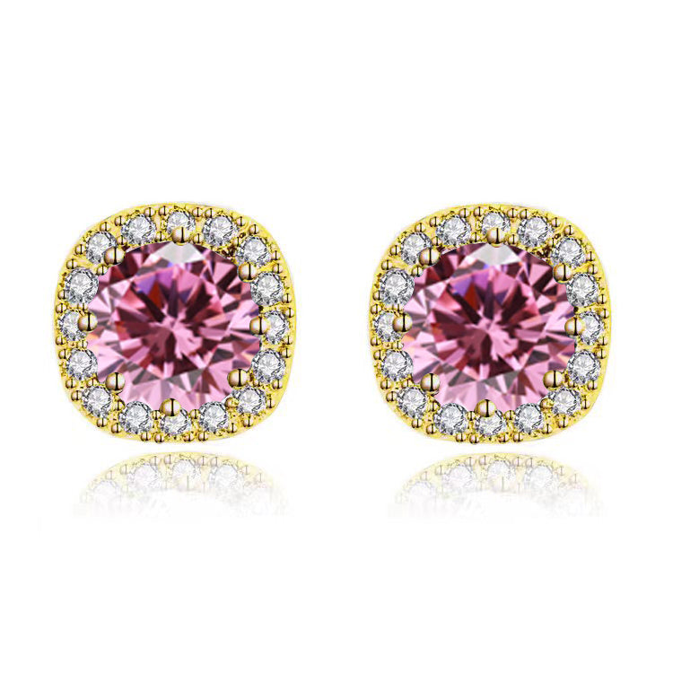 18k Yellow Gold Plated 1/4 Carat Created Halo Round Pink Sapphire Stud Earrings 4mm