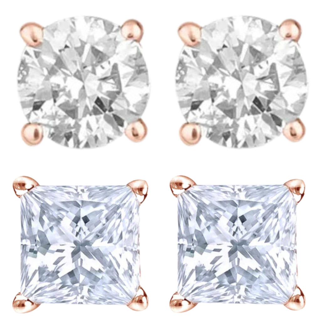 14k Rose Gold 1/4 Carat Solitaire Created Diamond 2 Pair Round and Princess Stud Earrings