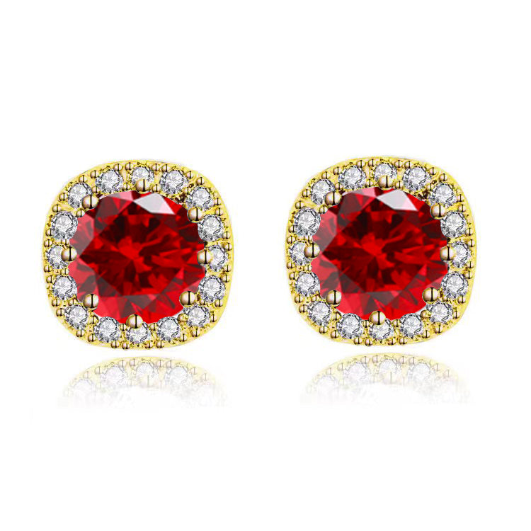 18k Yellow Gold Plated 1/4 Carat Created Halo Round Ruby Stud Earrings 4mm