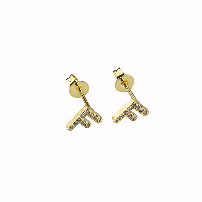 14k Yellow Gold Created Diamond Initial F Letter Stud Earrings Plated
