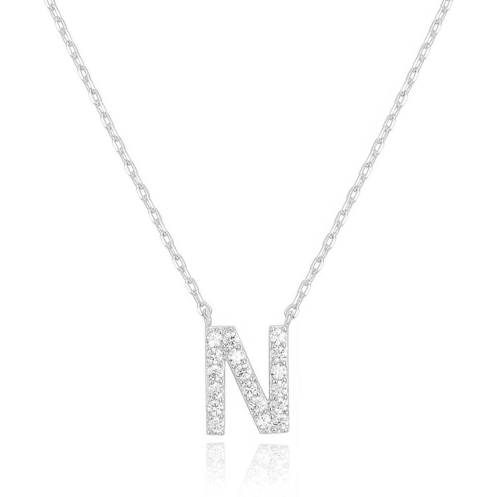 14k White Gold Created Diamond Initial N Letter Pendant Necklace Plated