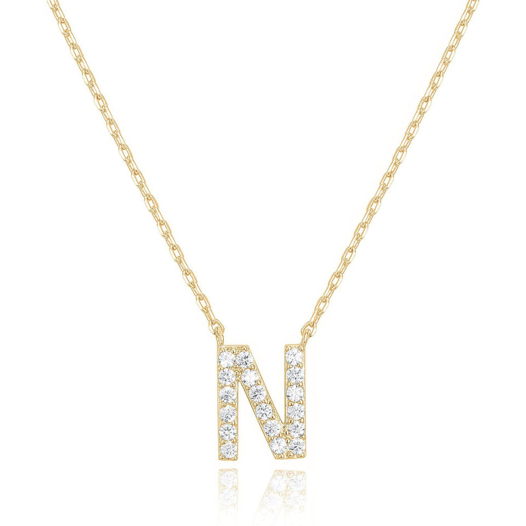 14k Yellow Gold Created Diamond Initial N Letter Pendant Necklace Plated