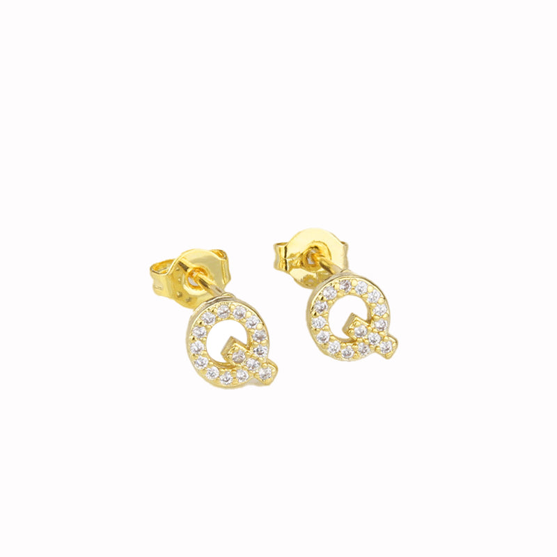 14k Yellow Gold Created White Sapphire Initial Q Letter Stud Earrings Plated