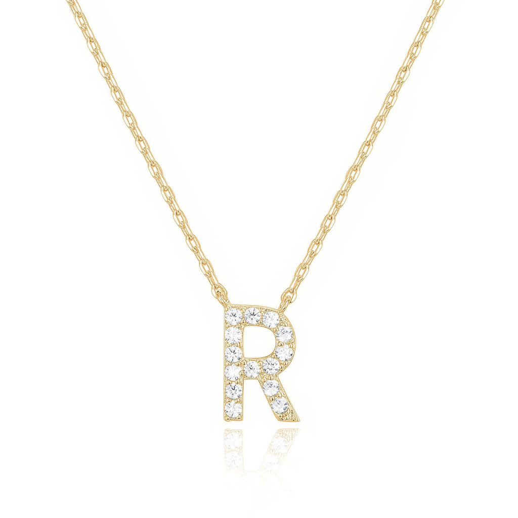 14k Yellow Gold Created Diamond Initial R Letter Pendant Necklace Plated