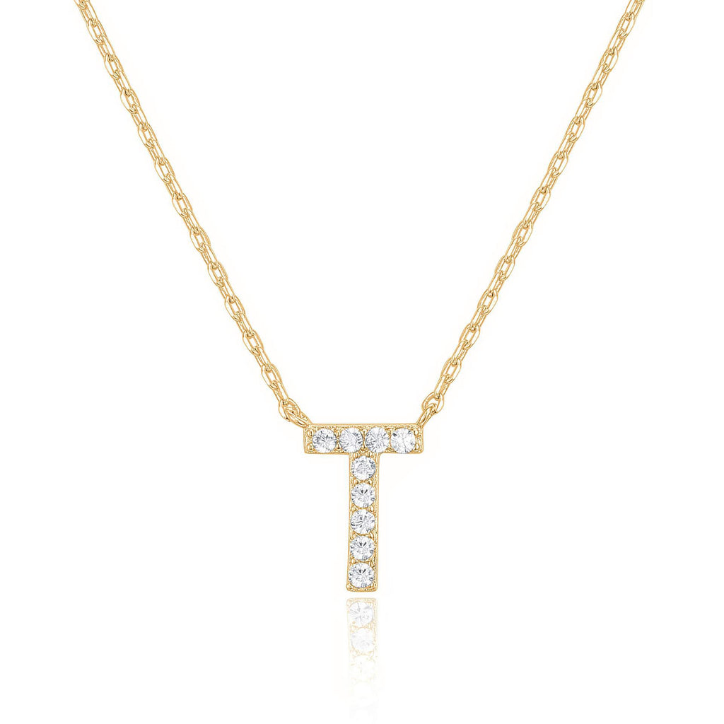 14k Yellow Gold Created White Sapphire Initial T Letter Pendant Necklace Plated