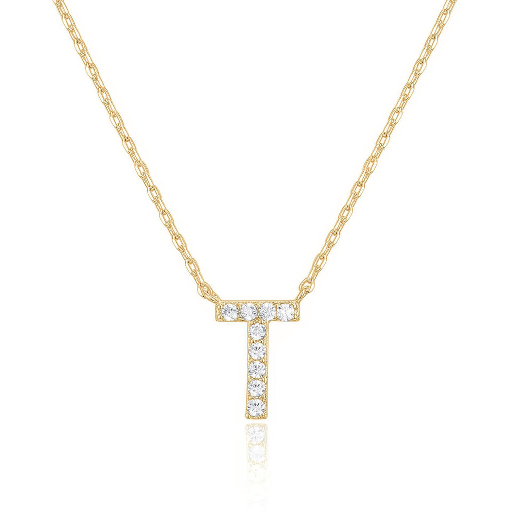 14k Yellow Gold Created Diamond Initial T Letter Pendant Necklace Plated