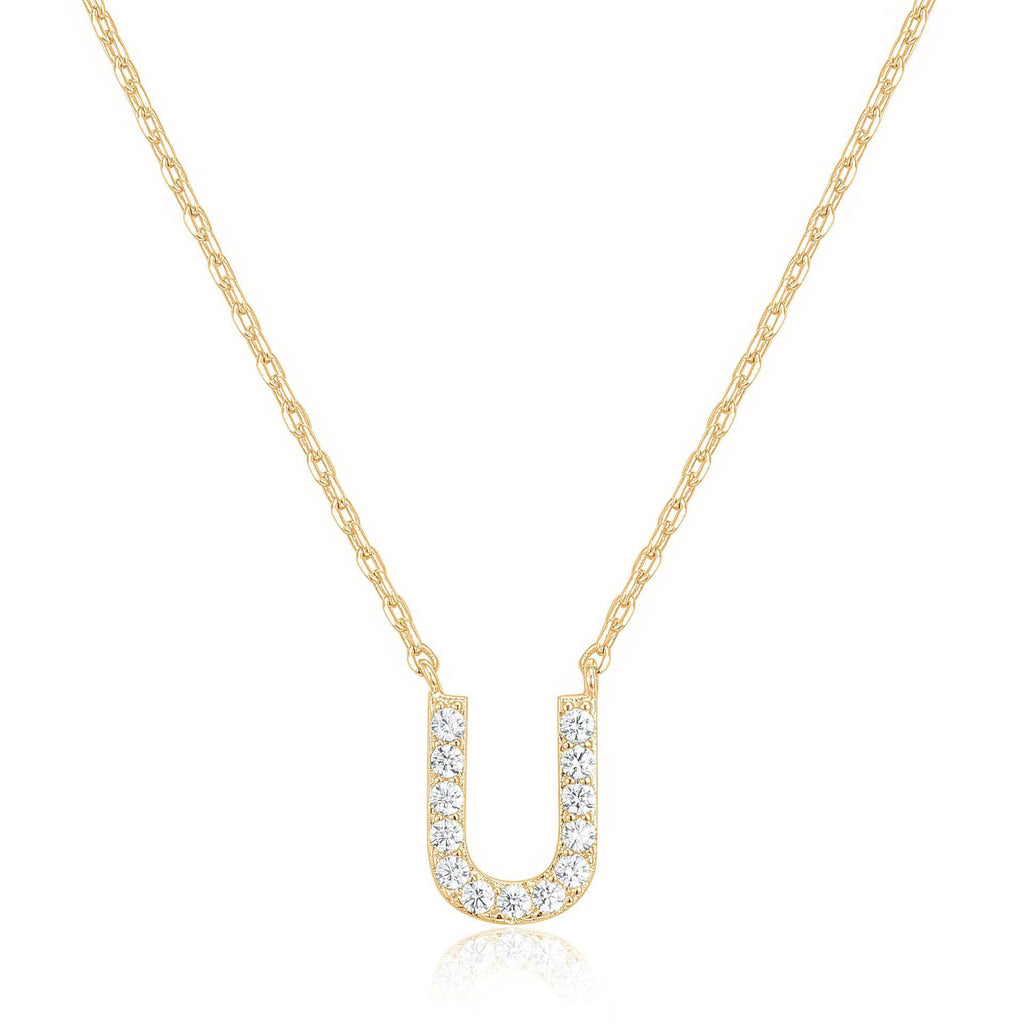 14k Yellow Gold Created White Sapphire Initial U Letter Pendant Necklace Plated