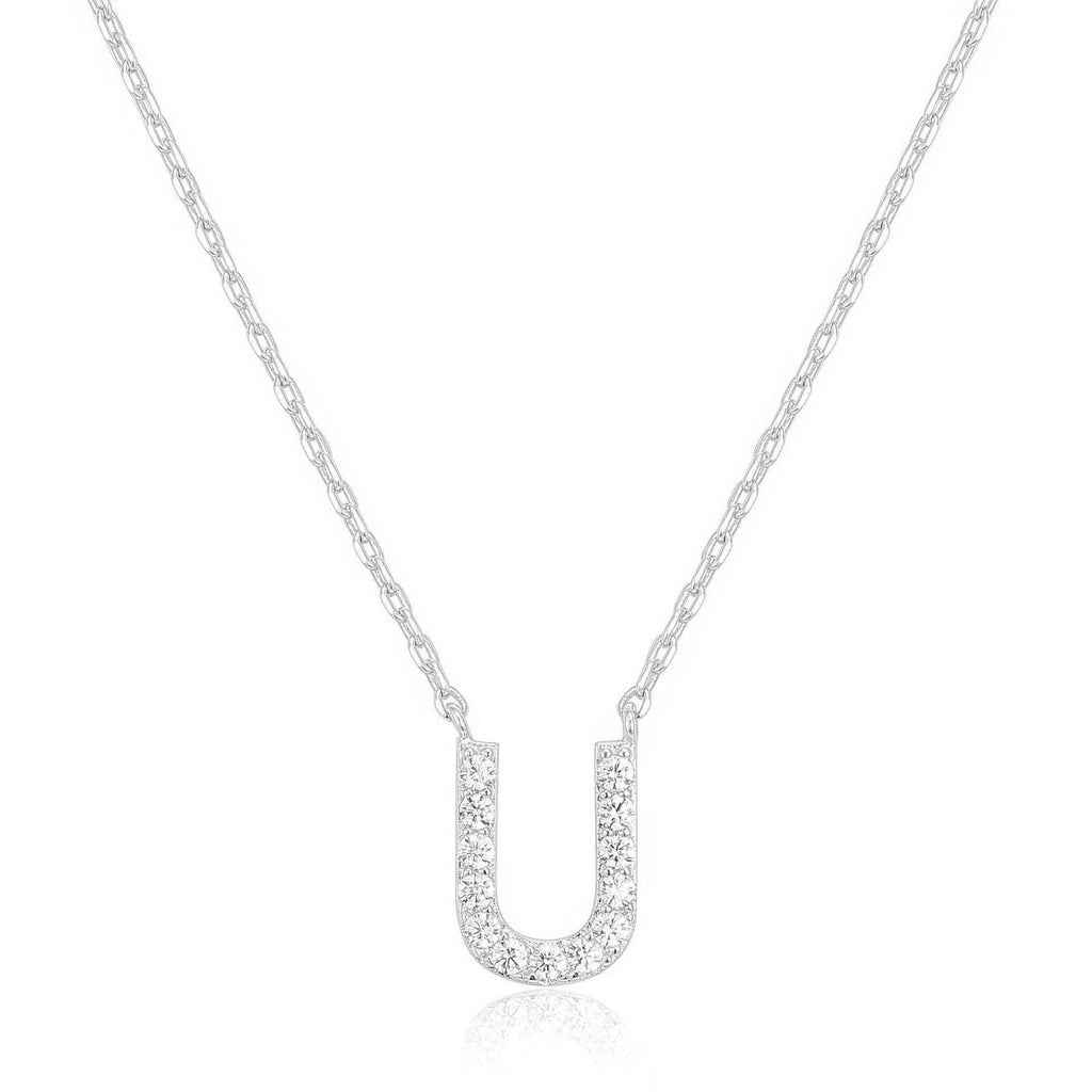 14k White Gold Created White Sapphire Initial U Letter Pendant Necklace Plated