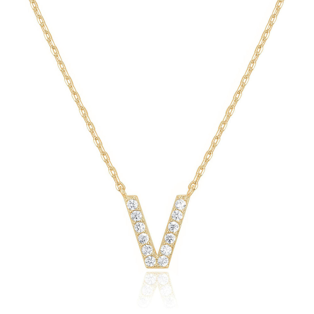 14k Yellow Gold Created White Sapphire Initial V Letter Pendant Necklace Plated