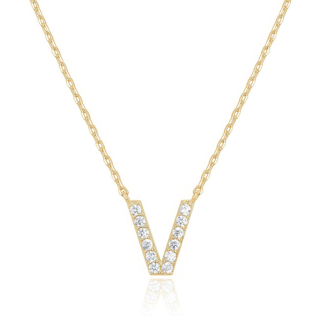 14k Yellow Gold Created Diamond Initial V Letter Pendant Necklace Plated
