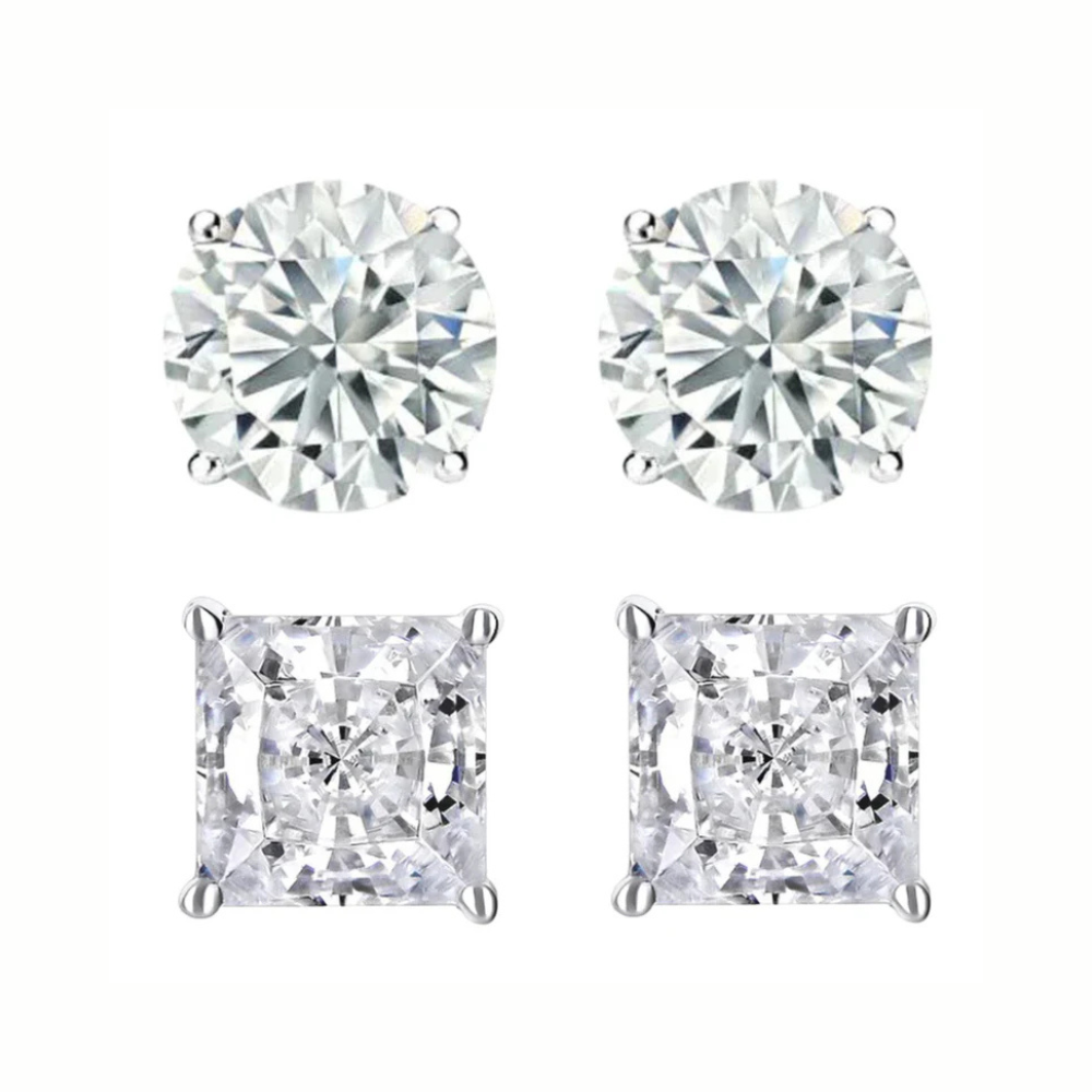 Paris Jewelry 14K White Solid Gold Created White Diamond 1/4Ct, 1/2Ct, 1Ct, 2Ct, 3CT Round and Princess Stud Earrings 2 Pairs for Men