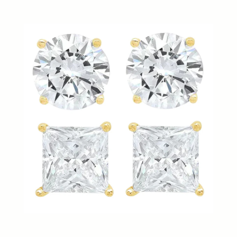 Paris Jewelry 14K Yellow Solid Gold Created White Diamond 1/4Ct, 1/2Ct, 1Ct, 2Ct, 3Ct Round And Princess Stud Earrings 2 Pairs for Men