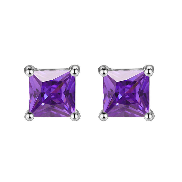 10k White Gold Plated 4 Carat Princess Cut Created Amethyst Sapphire Stud Earrings