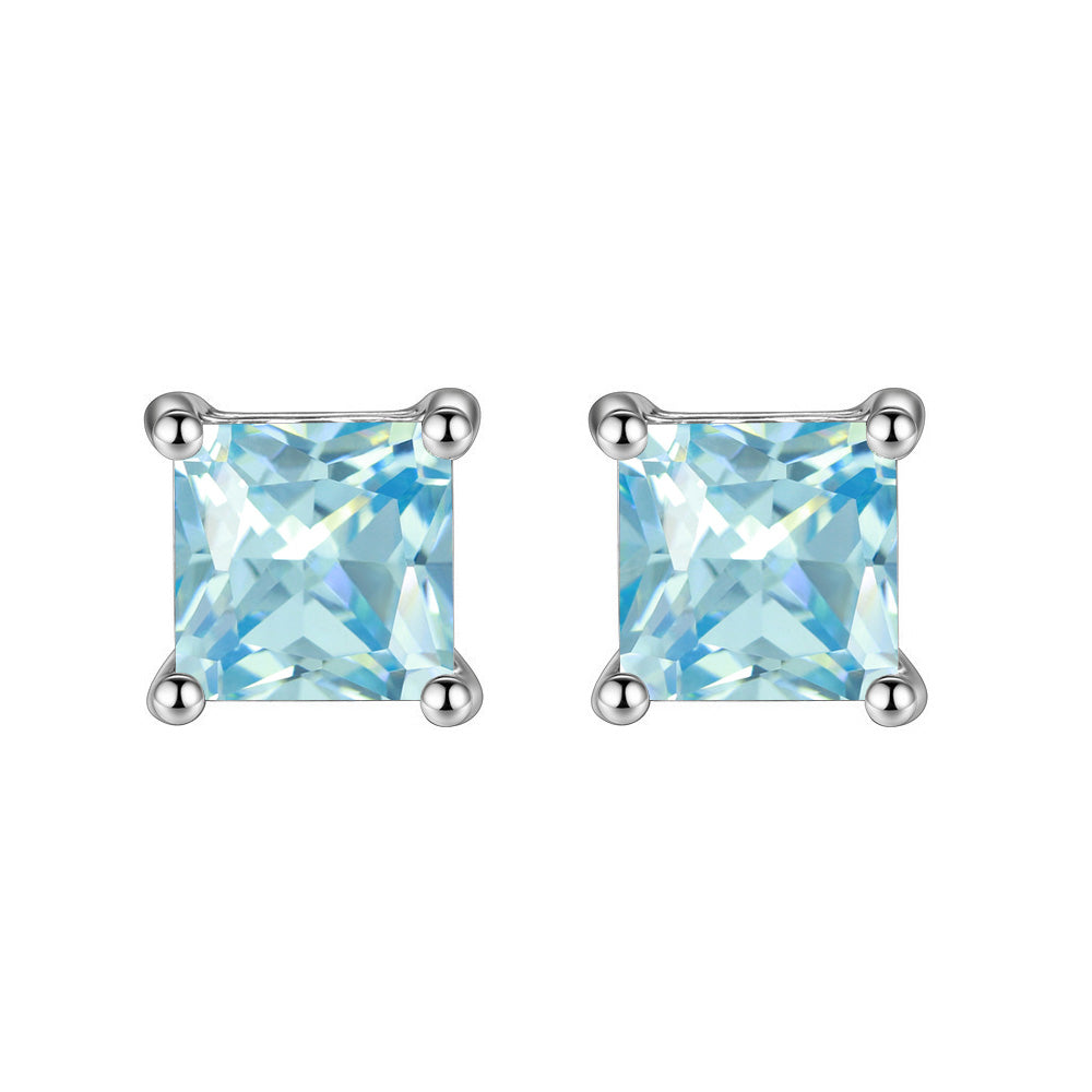 14k White Gold Plated 1 Carat Princess Cut Created Blue Topaz Sapphire Stud Earrings