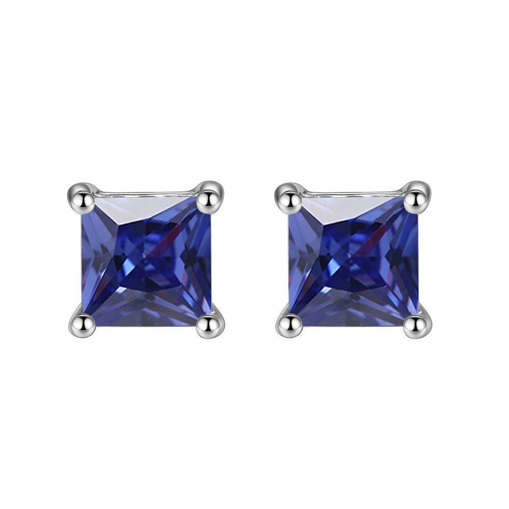 14k White Gold Plated 1 Carat Square Created Blue Sapphire Stud Earrings