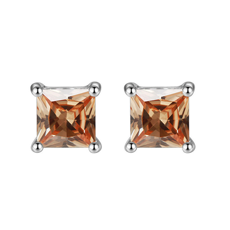 10k White Gold Plated 4 Carat Square Created Champagne Sapphire Stud Earrings