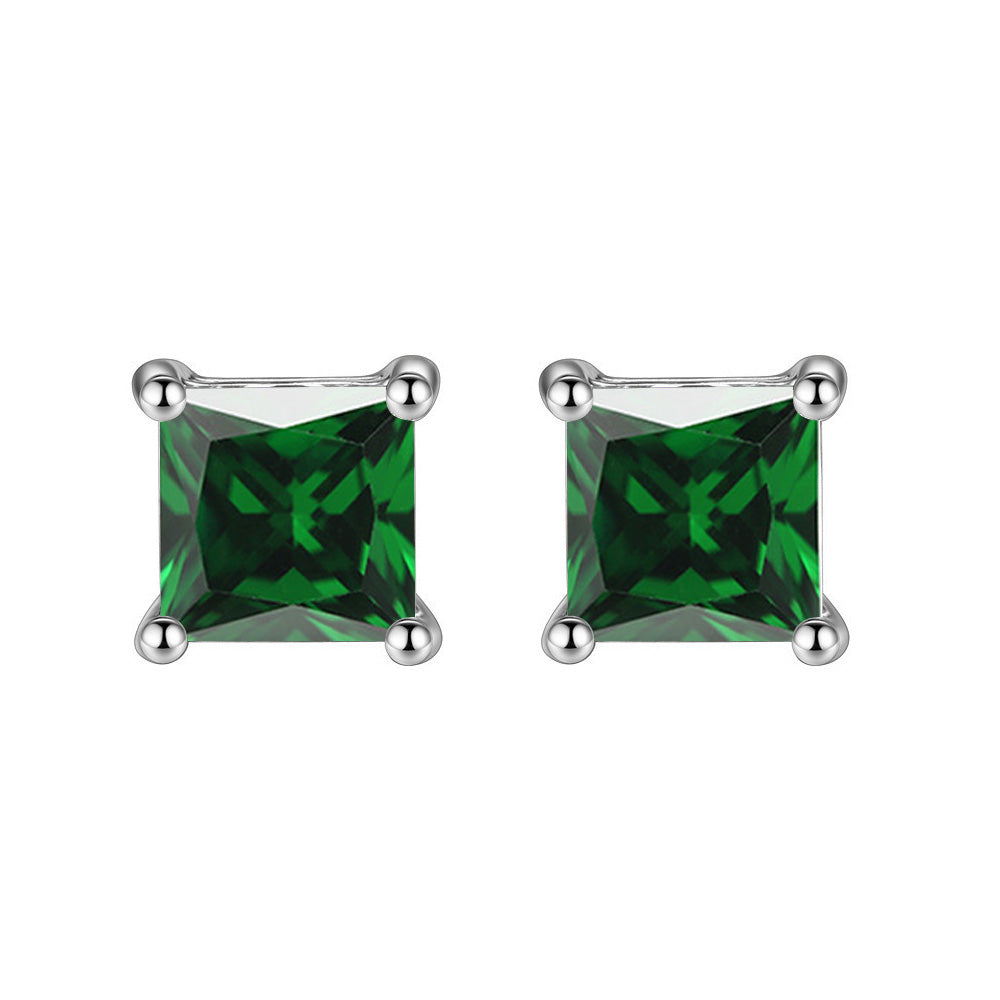 18k White Gold Plated 1/4 Carat Princess Cut Created Emerald Stud Earrings 4mm