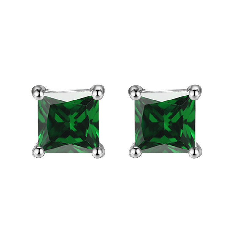 10k White Gold Plated 3 Ct Princess Cut Created Emerald Stud Earrings