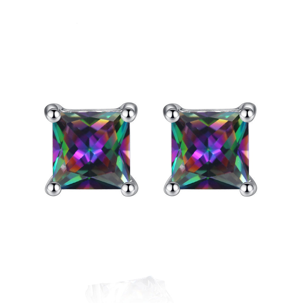 14k White Gold Plated Princess Cut Created Mystic Stud Earrings 6mm