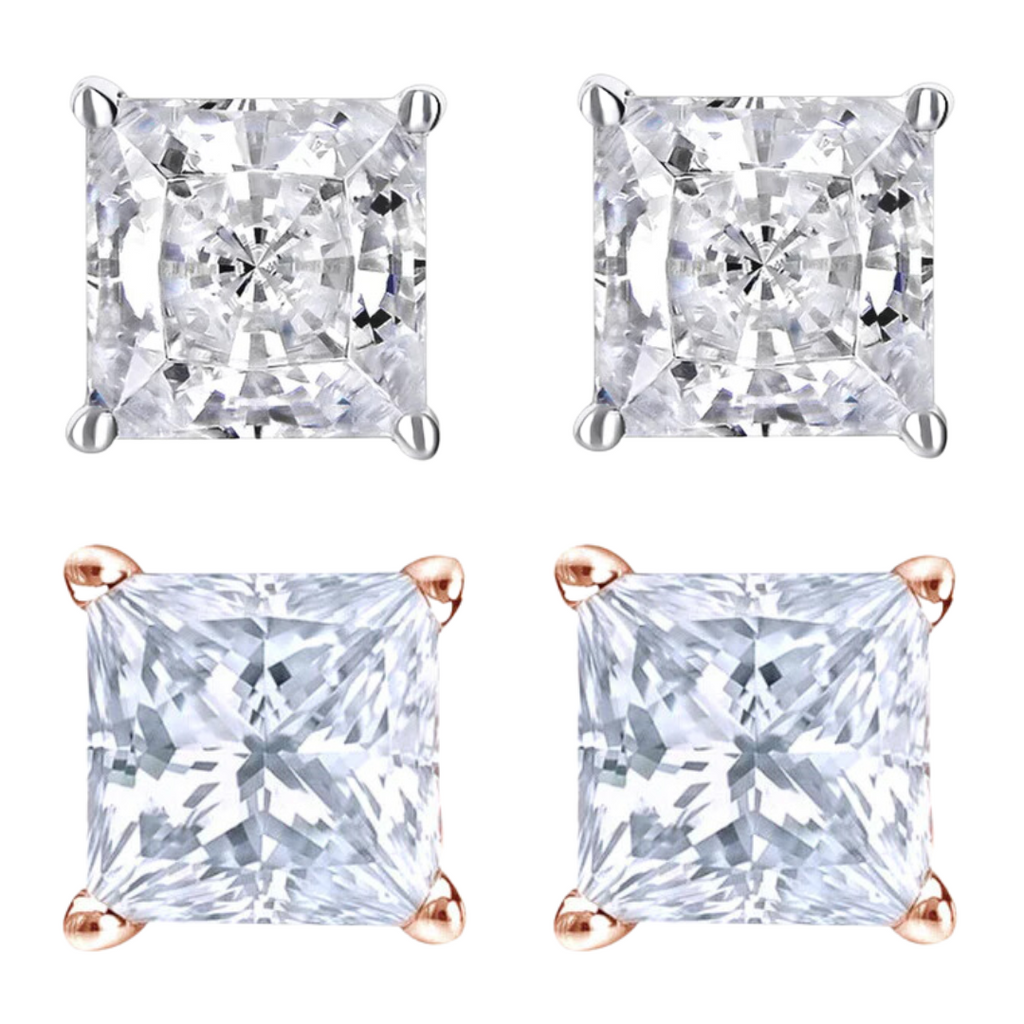 14k White And Rose Gold 1/2 Carat Solitaire Created Diamond 2 Pair Princess Stud Earrings