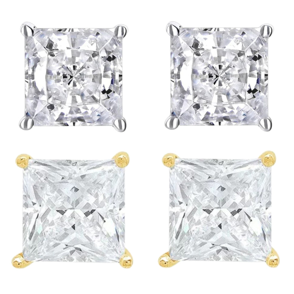 14k White And Yellow Gold 1/2 Carat Solitaire Created Diamond 2 Pair Princess Stud Earrings
