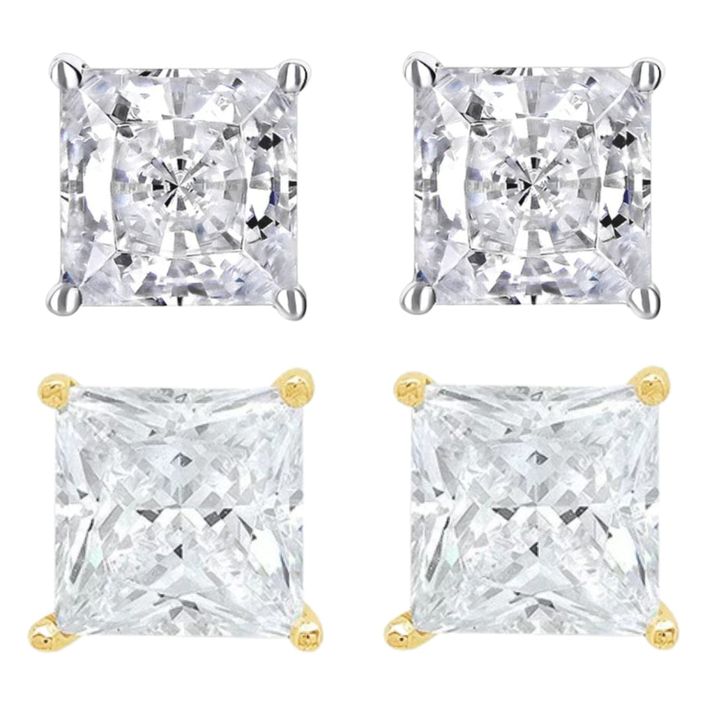 14k White And Yellow Gold 1/4 Carat Solitaire Created Diamond 2 Pair Princess Stud Earrings