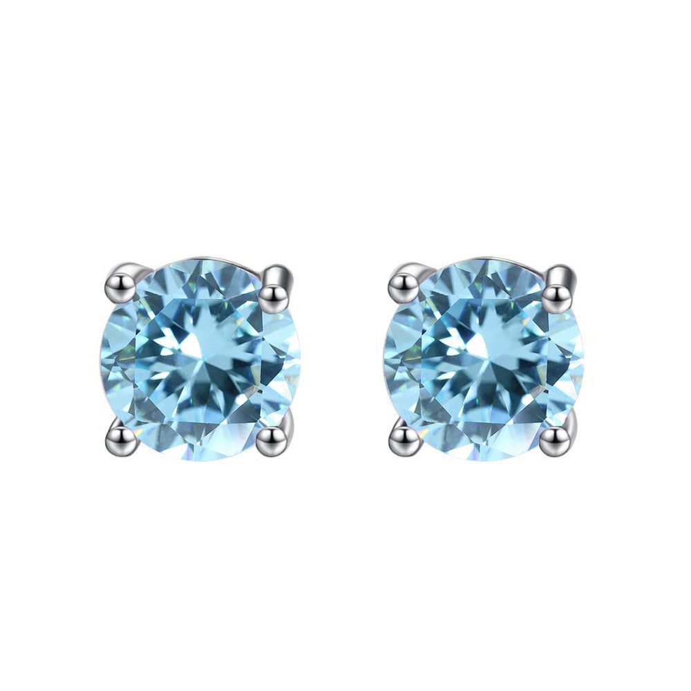 14k White Gold Plated 3 Carat Round Created Blue Topaz Sapphire Stud Earrings