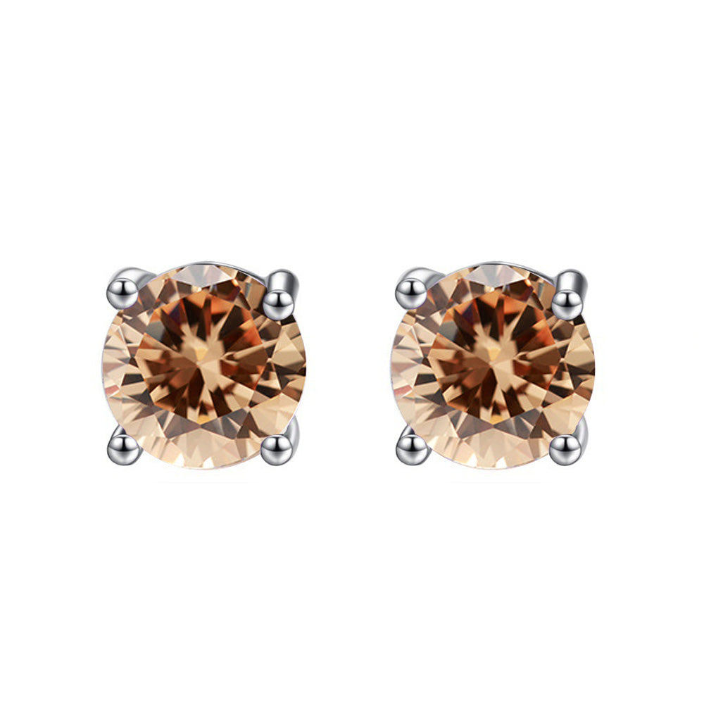 14k White Gold Created Champagne Round Stud Earrings 3mm