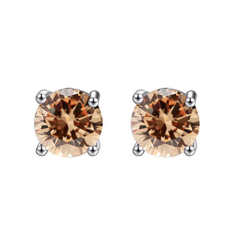 10k White Gold Plated 3 Carat Round Created Champagne Sapphire Stud Earrings