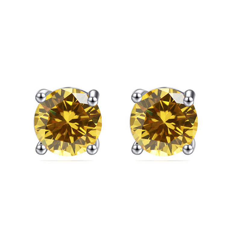 10k White Gold Plated 4 Carat Round Created Citrine Sapphire Stud Earrings
